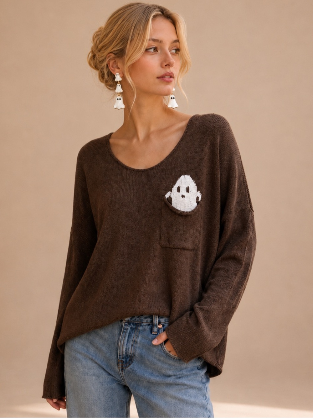 Miracle Ghost Pocket Knit Sweater – Cotton Blend Halloween Top